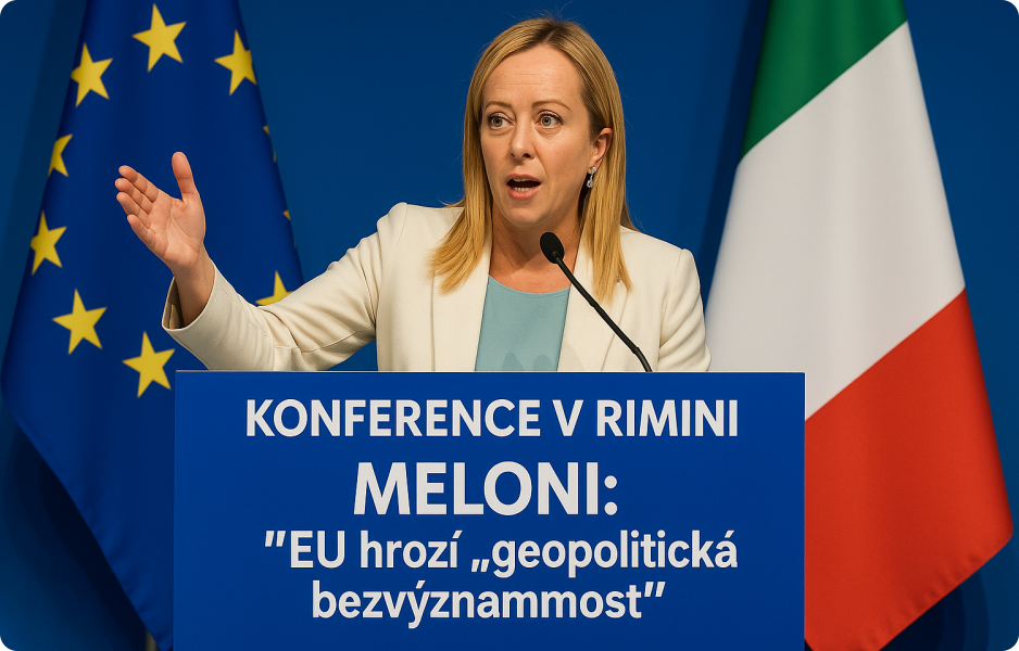 Italská premiérka Giorgia Meloniová vystupuje na konferenci v Rimini