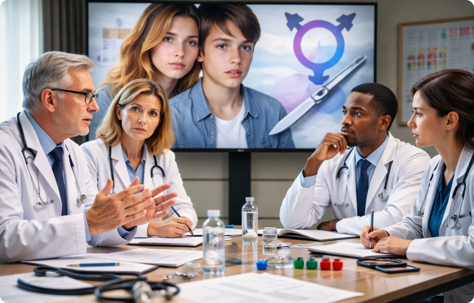 Symbolický ilustrační obraz k tématu lékařské debaty o gender-afirmativní péči a nevratných zákrocích u nezletilých.