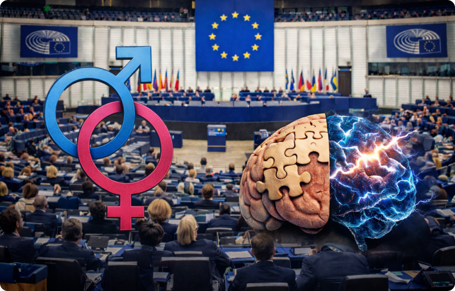 Interiér Evropského parlamentu s globusem a symbolem pohlaví znázorňující spor o biologii a genderovou politiku