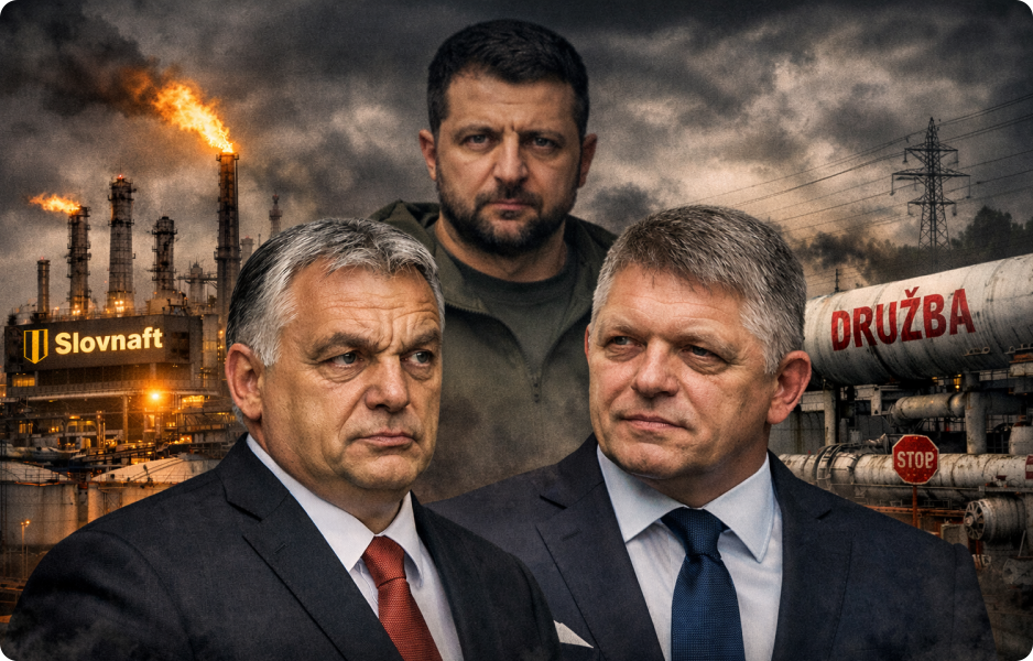 Robert Fico a Viktor Orbán před rafinerií Slovnaft, v pozadí Volodymyr Zelenskyj a ropovod Družba
