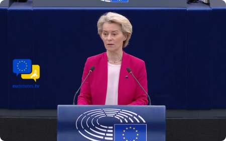 Ursula von der Leyenová hovoří v Evropském parlamentu o potřebě vytvoření Evropské obranné unie.