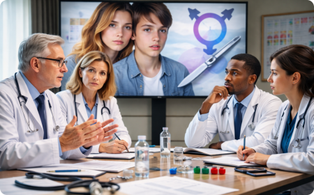 Symbolický ilustrační obraz k tématu lékařské debaty o gender-afirmativní péči a nevratných zákrocích u nezletilých.